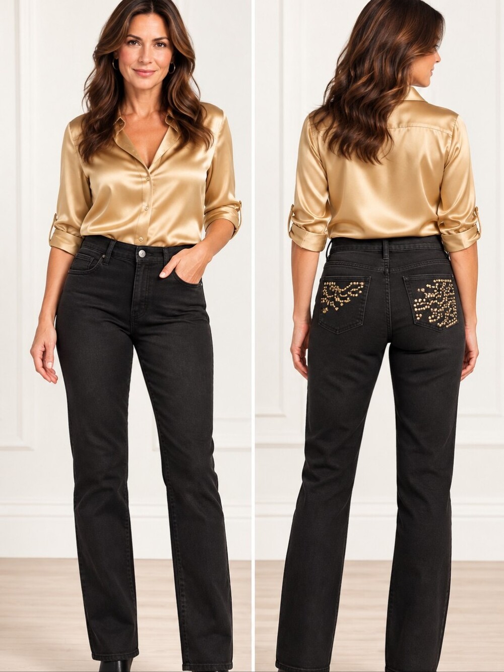 Vintage NYDJ Jeans Size 6 Black Straight Leg Gold Studded Pockets Made USA Y2K